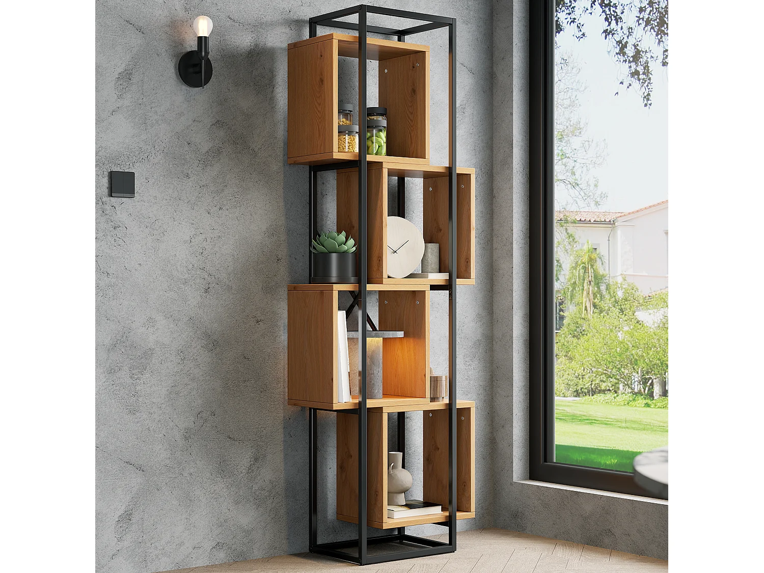 Offenes Standregal 59x30x180 cm - 4 Regale - Gestell aus schwarzem Metall - Bücherregal, Vitrine - MDF-Platten - Natur+Schwarz