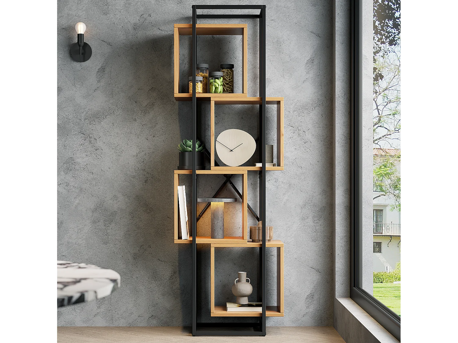 Offenes Standregal 59x30x180 cm - 4 Regale - Gestell aus schwarzem Metall - Bücherregal, Vitrine - MDF-Platten - Natur+Schwarz