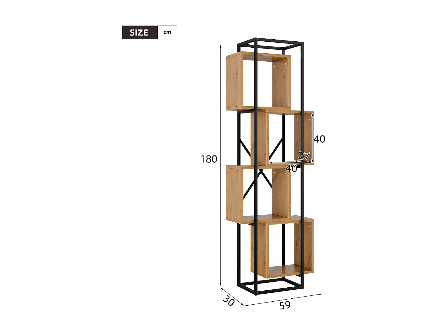 Offenes Standregal 59x30x180 cm - 4 Regale - Gestell aus schwarzem Metall - Bücherregal, Vitrine - MDF-Platten - Natur+Schwarz