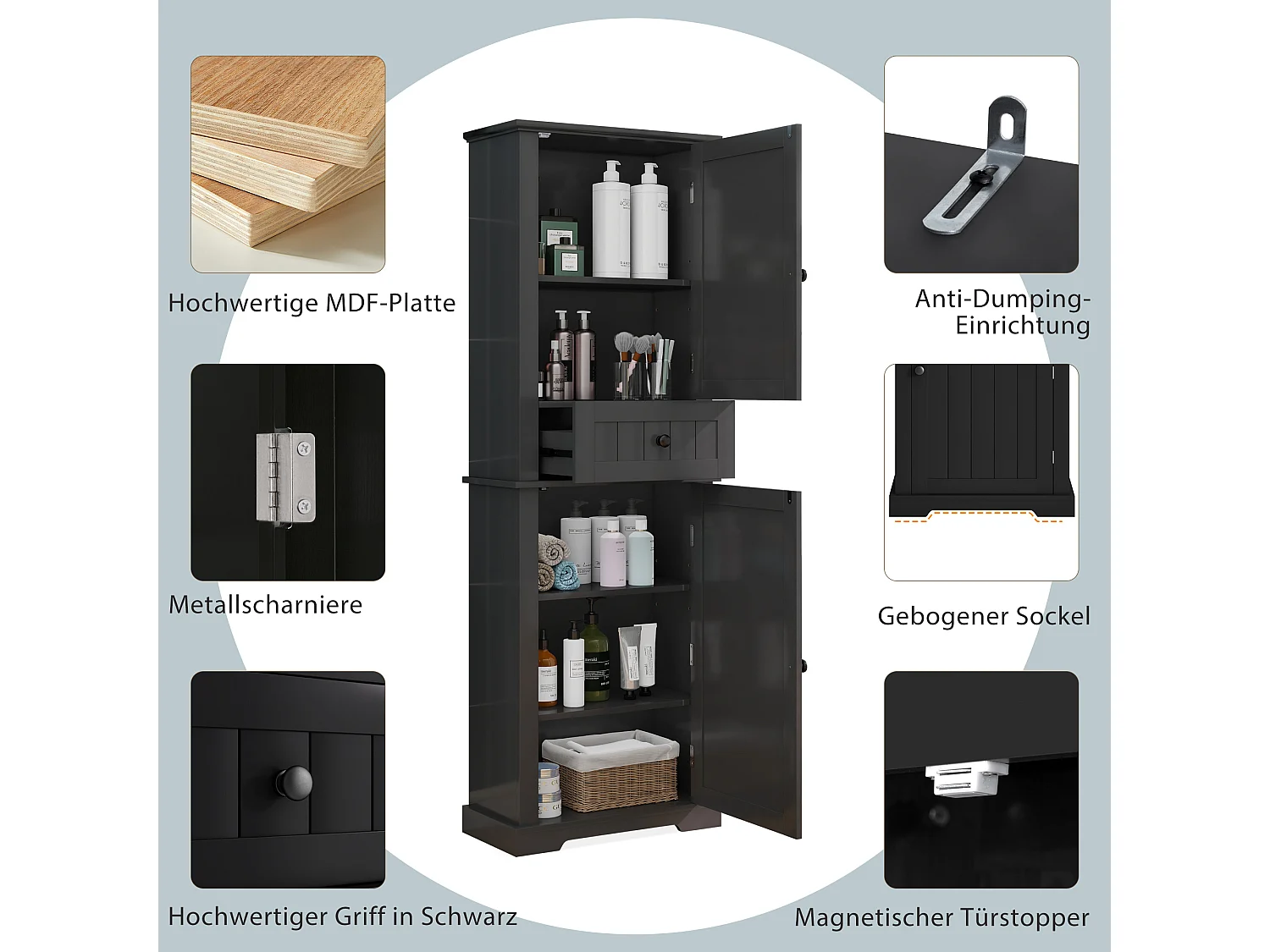 Badkamermeubel 56x28x167,3 cm - 2 deuren en 1 lade - Gelakte afwerking - Verstelbare planken - MDF - Zwart