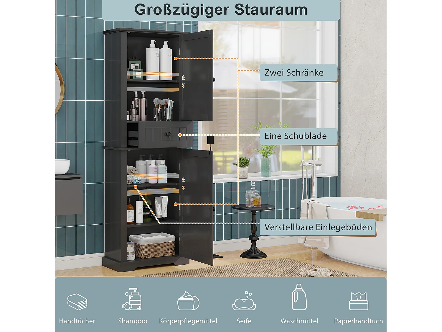 Badkamermeubel 56x28x167,3 cm - 2 deuren en 1 lade - Gelakte afwerking - Verstelbare planken - MDF - Zwart