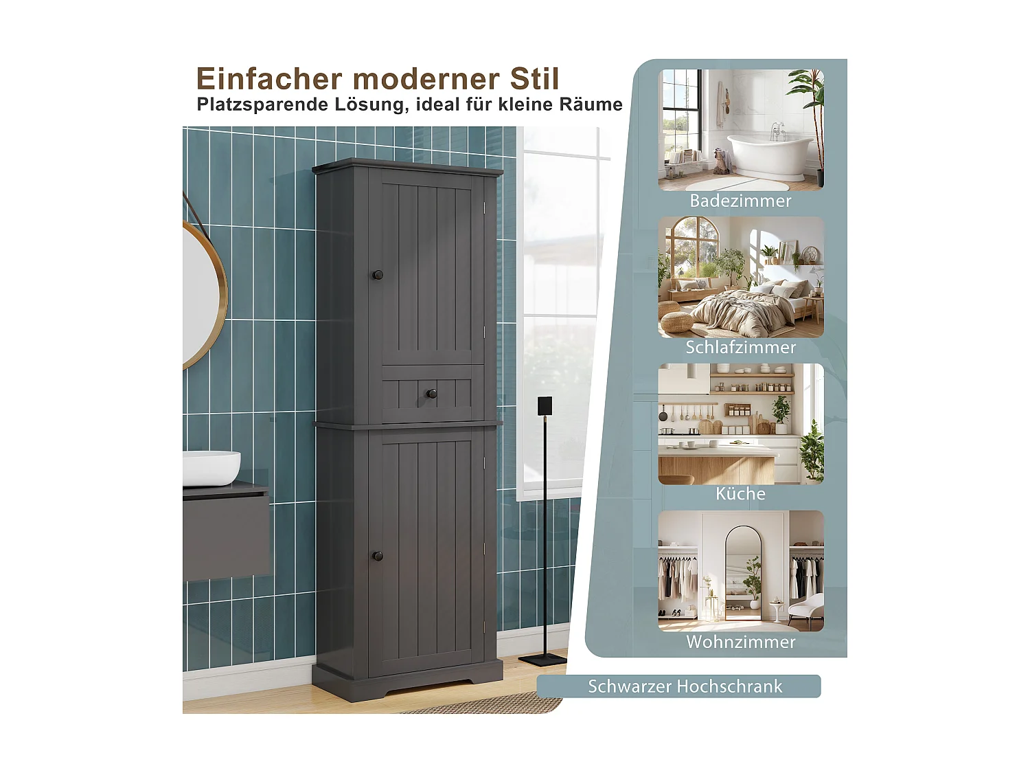 Badkamermeubel 56x28x167,3 cm - 2 deuren en 1 lade - Gelakte afwerking - Verstelbare planken - MDF - Zwart