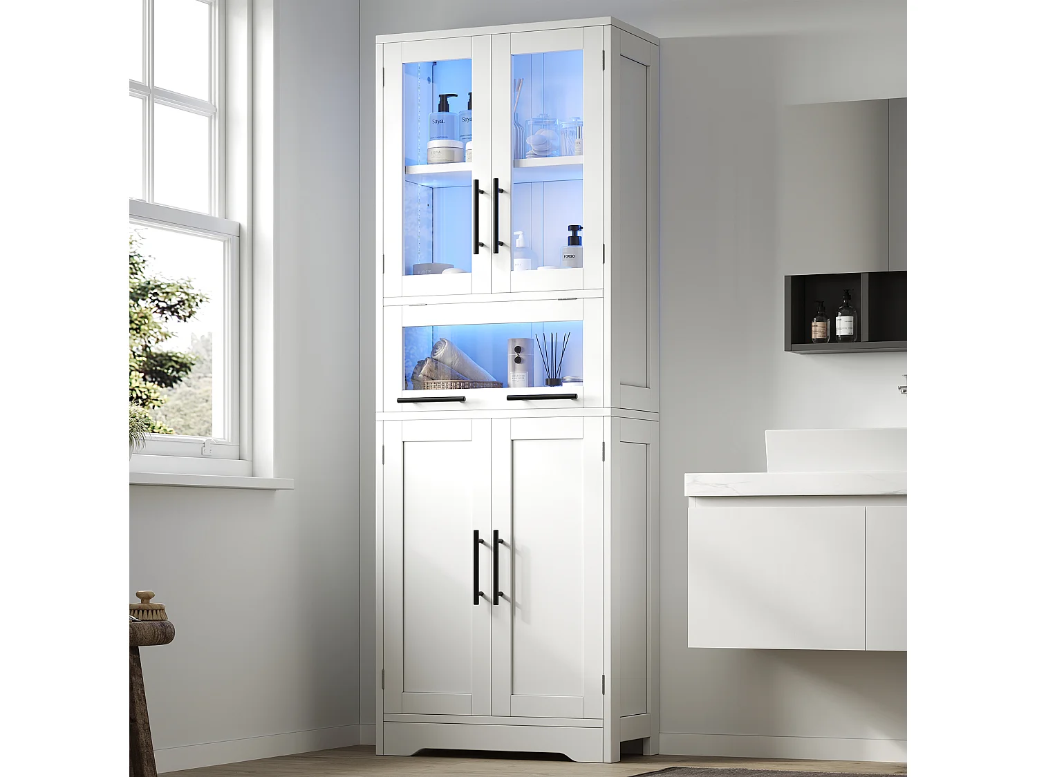 Mobiletto da bagno - 60 x 30 x 170 cm - con LED + 2 ante in vetro - stile nordico minimalista - MDF + vetro - bianco