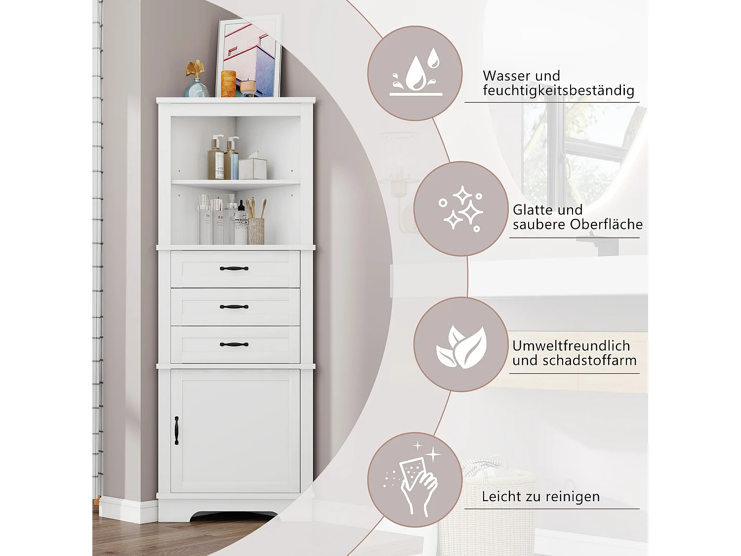 Hoek badkamermeubel 57,7x46x167,5 cm - 2 open planken, 3 lades en 1 deur - Verstelbare planken - MDF - Wit