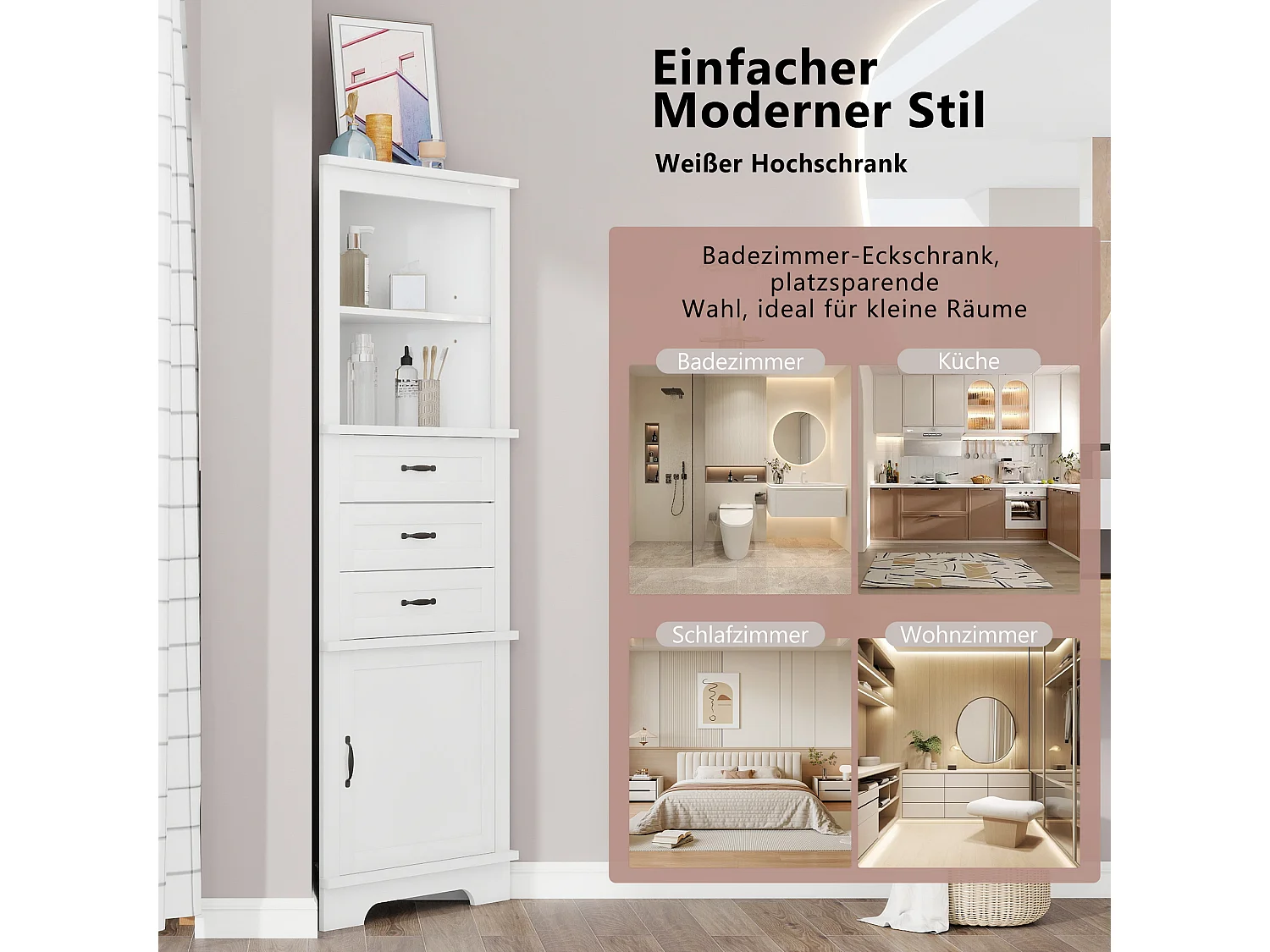Hoek badkamermeubel 57,7x46x167,5 cm - 2 open planken, 3 lades en 1 deur - Verstelbare planken - MDF - Wit