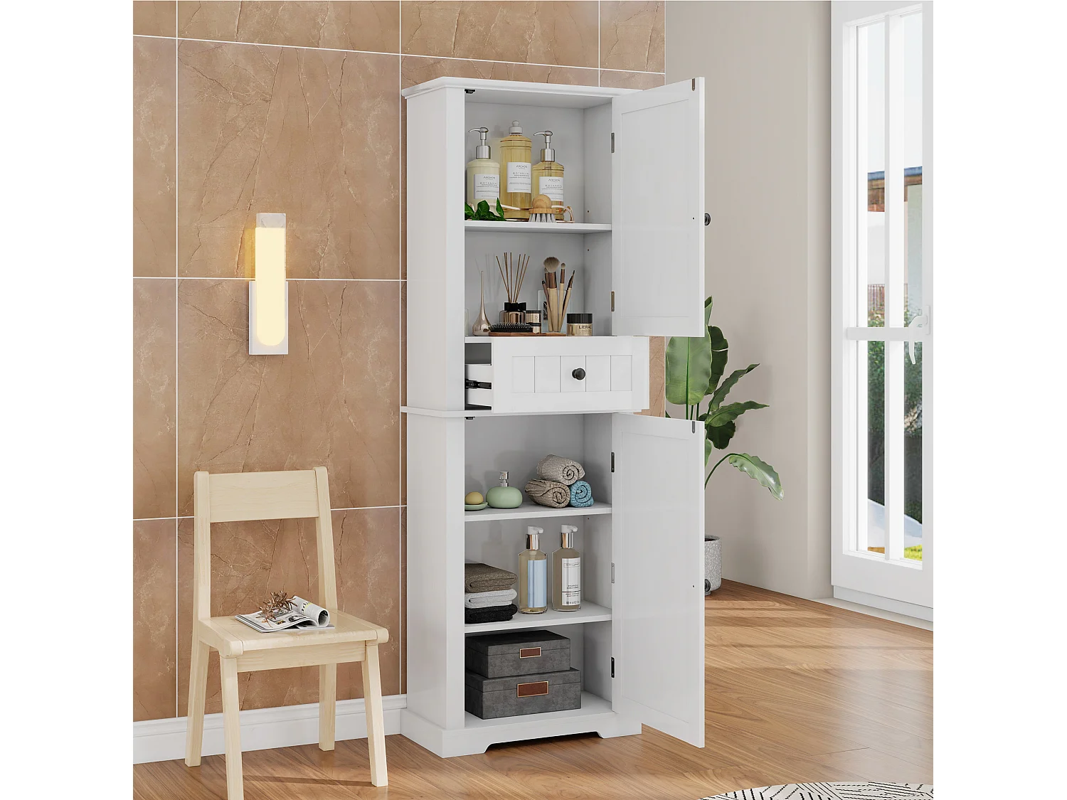 Badezimmerschrank 56x28x167,3 cm - 2 Türen und 1 Schublade - Lackierte Oberfläche - Höhenverstellbare Einlegeböden - MDF - Weiß
