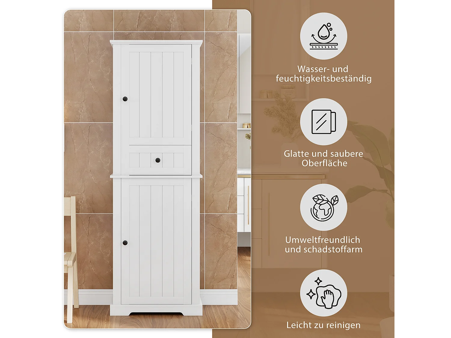 Badezimmerschrank 56x28x167,3 cm - 2 Türen und 1 Schublade - Lackierte Oberfläche - Höhenverstellbare Einlegeböden - MDF - Weiß