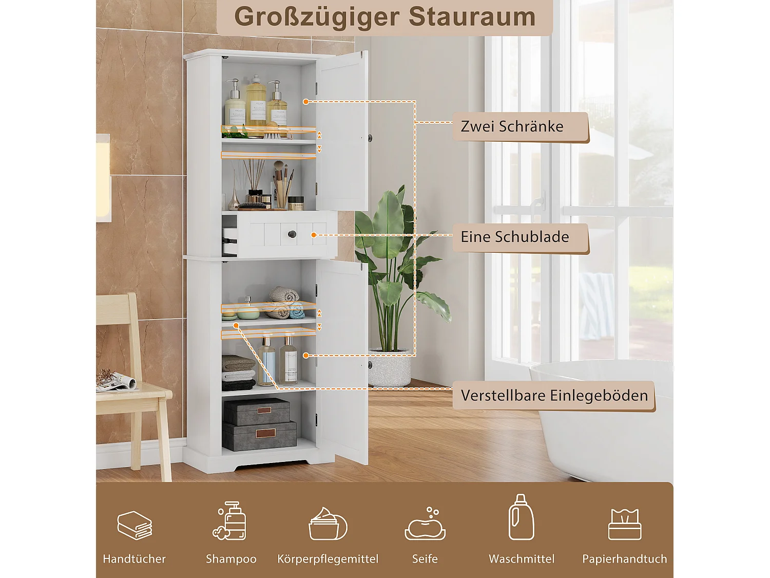 Badezimmerschrank 56x28x167,3 cm - 2 Türen und 1 Schublade - Lackierte Oberfläche - Höhenverstellbare Einlegeböden - MDF - Weiß