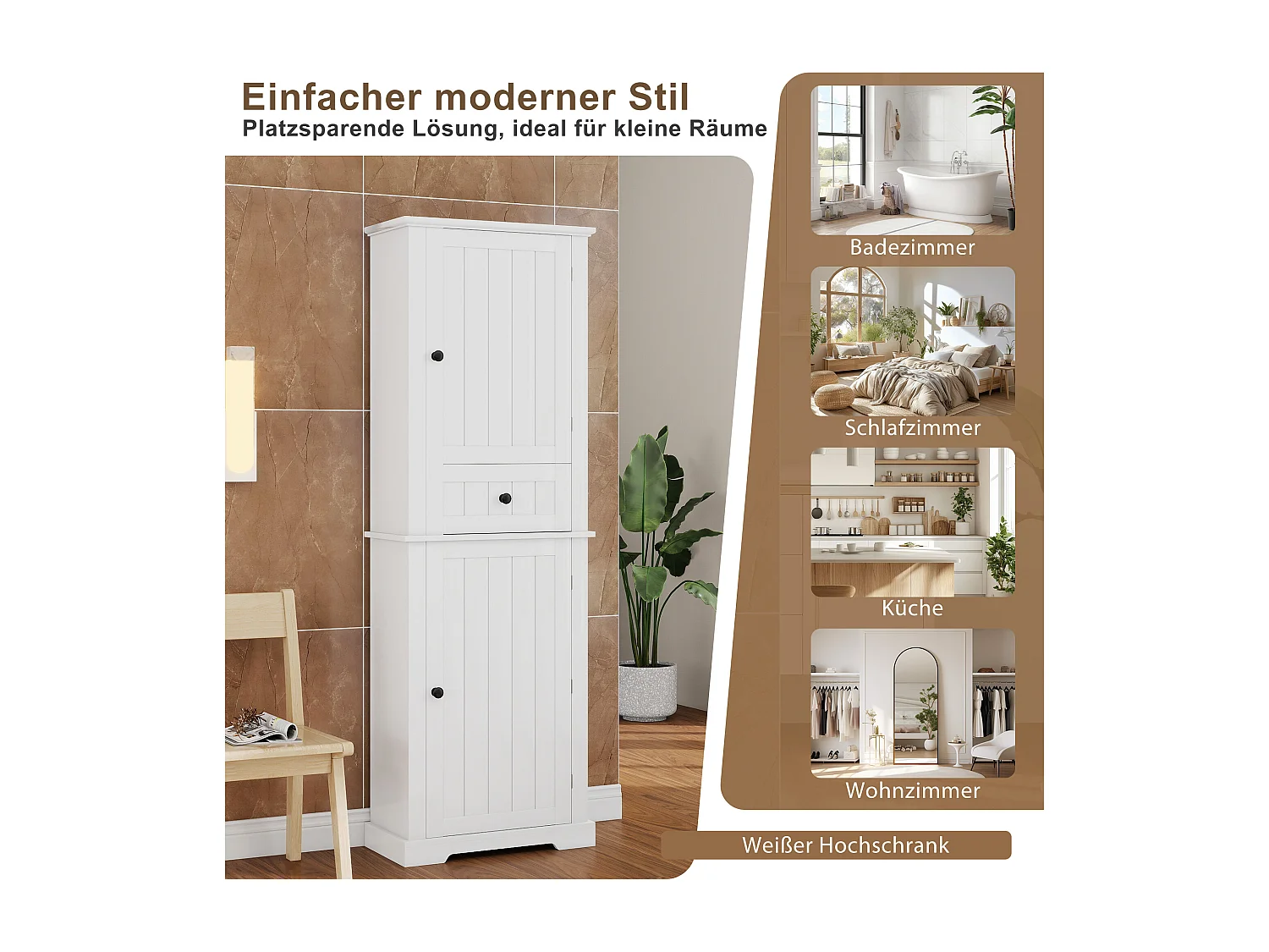 Badezimmerschrank 56x28x167,3 cm - 2 Türen und 1 Schublade - Lackierte Oberfläche - Höhenverstellbare Einlegeböden - MDF - Weiß