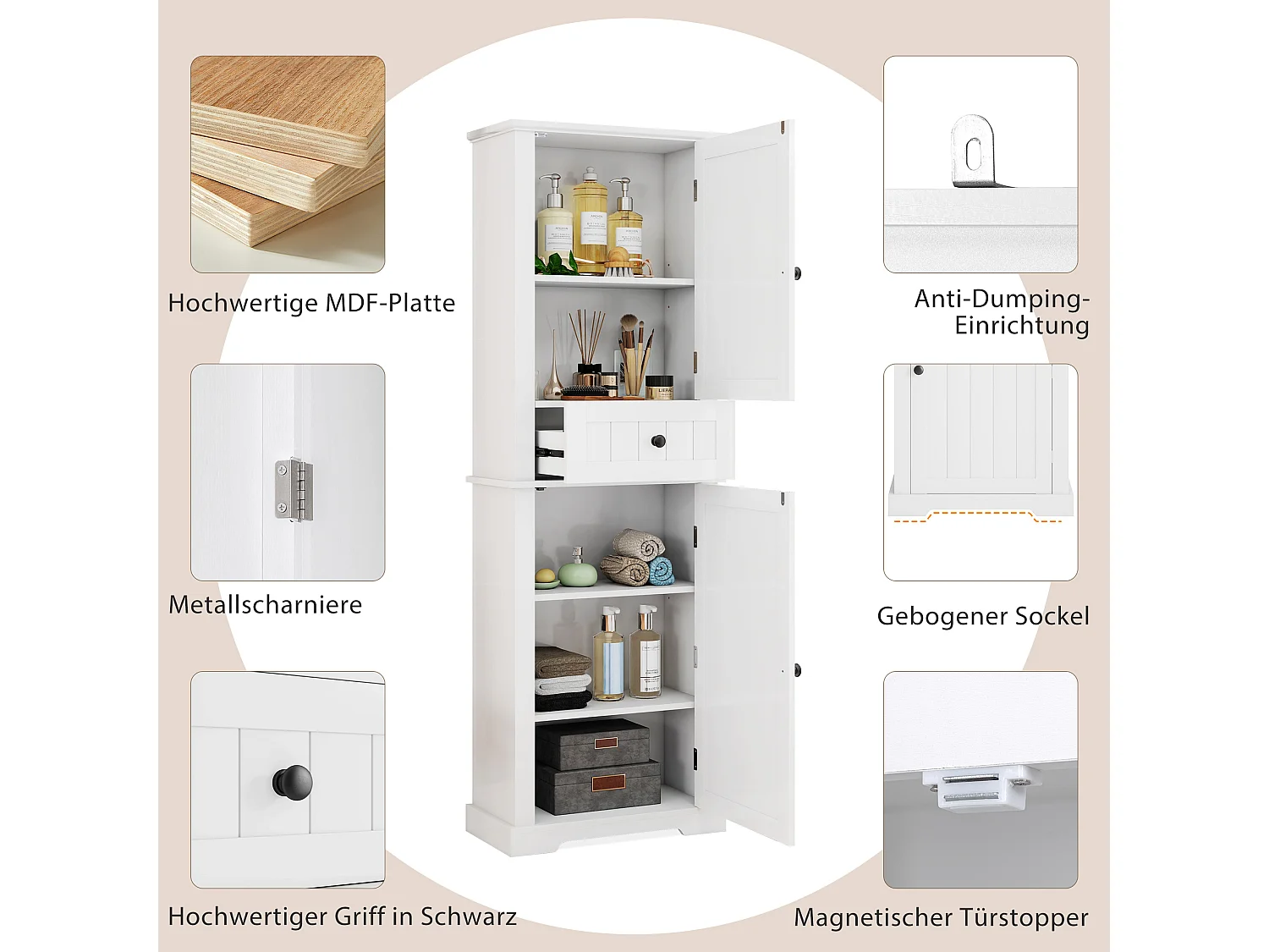 Badezimmerschrank 56x28x167,3 cm - 2 Türen und 1 Schublade - Lackierte Oberfläche - Höhenverstellbare Einlegeböden - MDF - Weiß