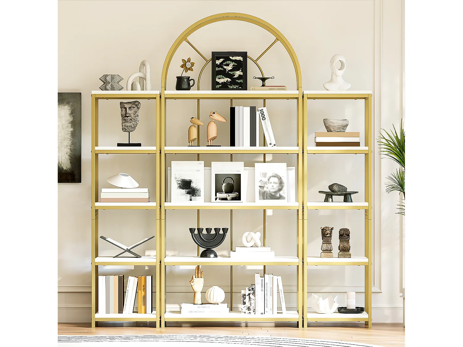 Set aus 3 modularen Regalen 163x30x184 cm - Bücherregal, Vitrine - Höhenverstellbare Füße - Gestell aus Metall + MDF - Gold