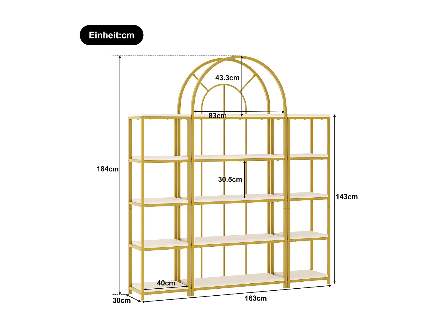 Set aus 3 modularen Regalen 163x30x184 cm - Bücherregal, Vitrine - Höhenverstellbare Füße - Gestell aus Metall + MDF - Gold