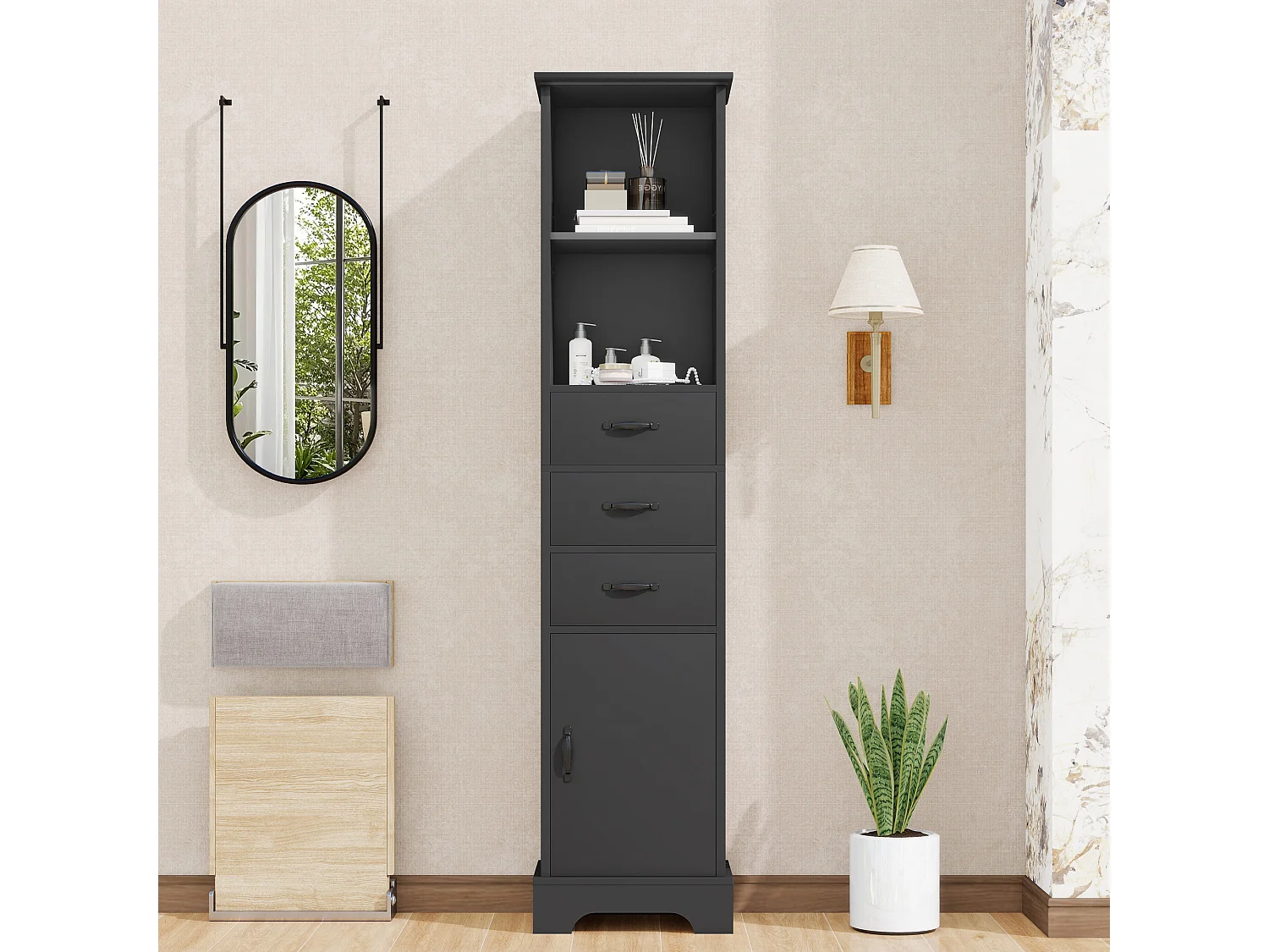 Badkamermeubel 38x26x172,5 cm - 3 lades en 1 deur - Verstelbare planken - Gelakte afwerking - Zwa