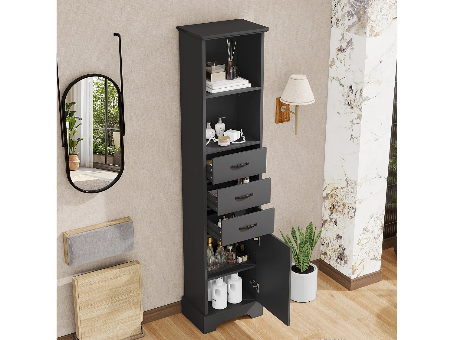 Badkamermeubel 38x26x172,5 cm - 3 lades en 1 deur - Verstelbare planken - Gelakte afwerking - Zwa