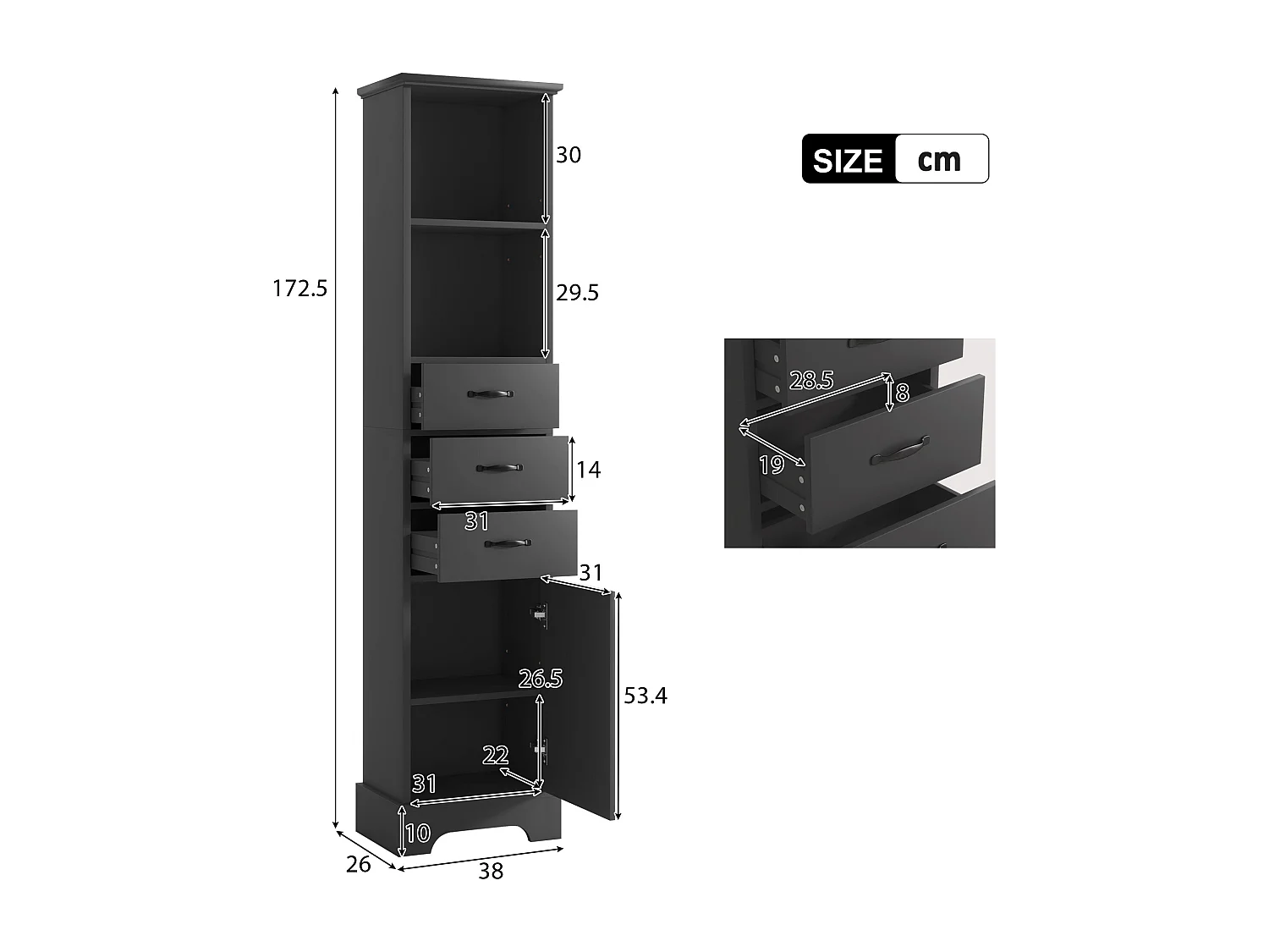 Badkamermeubel 38x26x172,5 cm - 3 lades en 1 deur - Verstelbare planken - Gelakte afwerking - Zwa