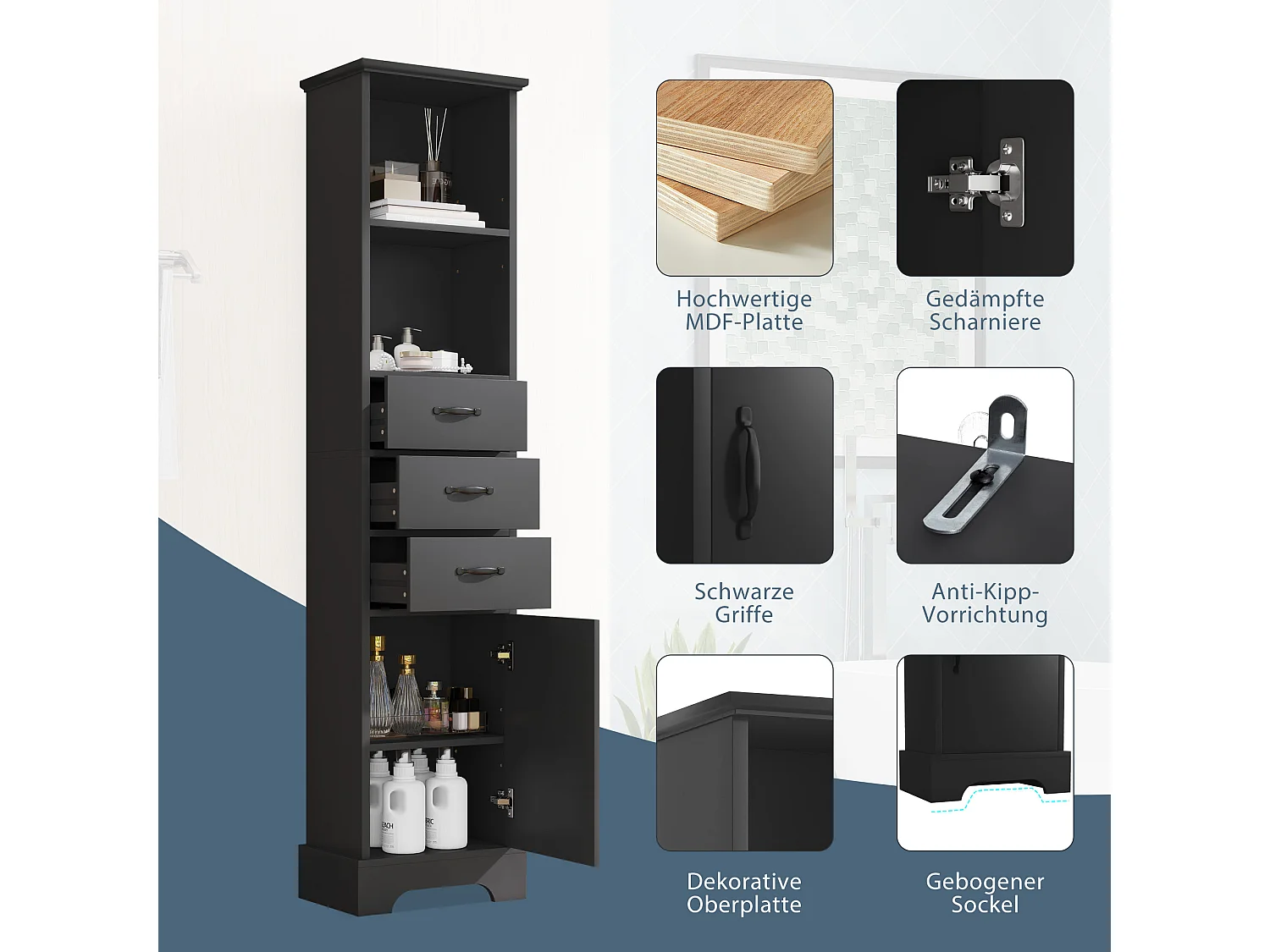 Badkamermeubel 38x26x172,5 cm - 3 lades en 1 deur - Verstelbare planken - Gelakte afwerking - Zwa