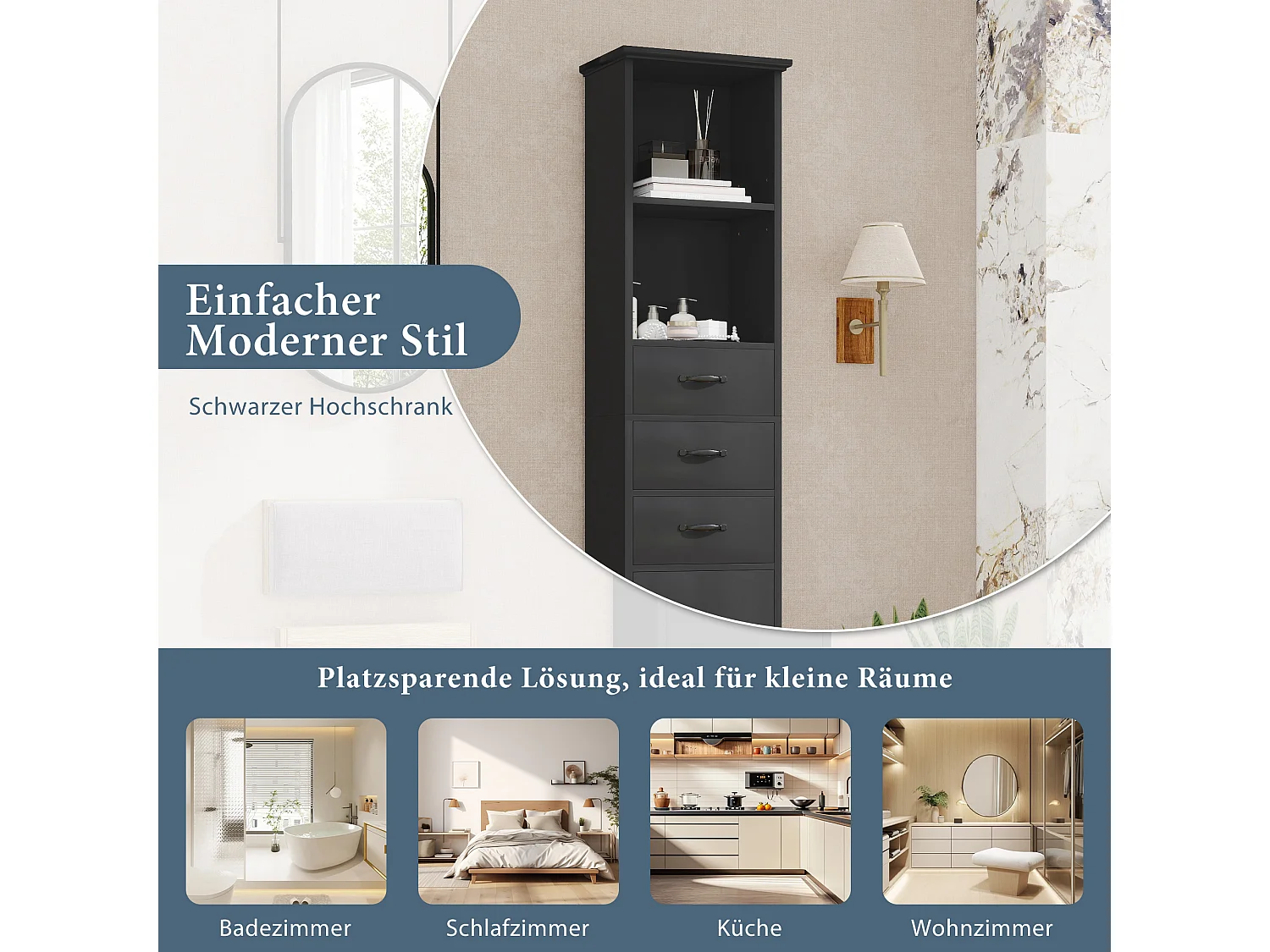 Badkamermeubel 38x26x172,5 cm - 3 lades en 1 deur - Verstelbare planken - Gelakte afwerking - Zwa