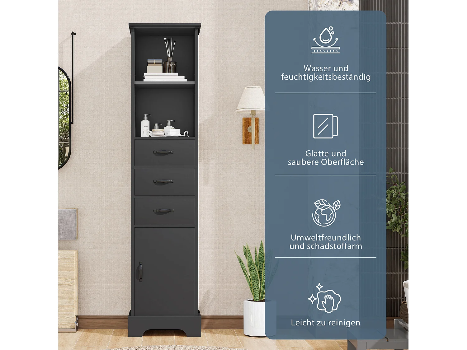 Badkamermeubel 38x26x172,5 cm - 3 lades en 1 deur - Verstelbare planken - Gelakte afwerking - Zwa