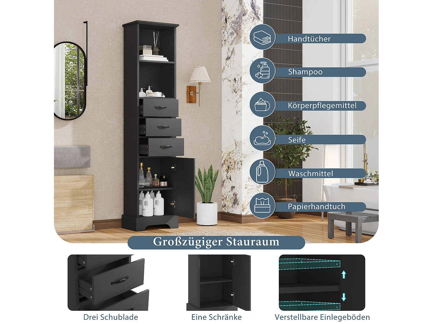 Badkamermeubel 38x26x172,5 cm - 3 lades en 1 deur - Verstelbare planken - Gelakte afwerking - Zwa