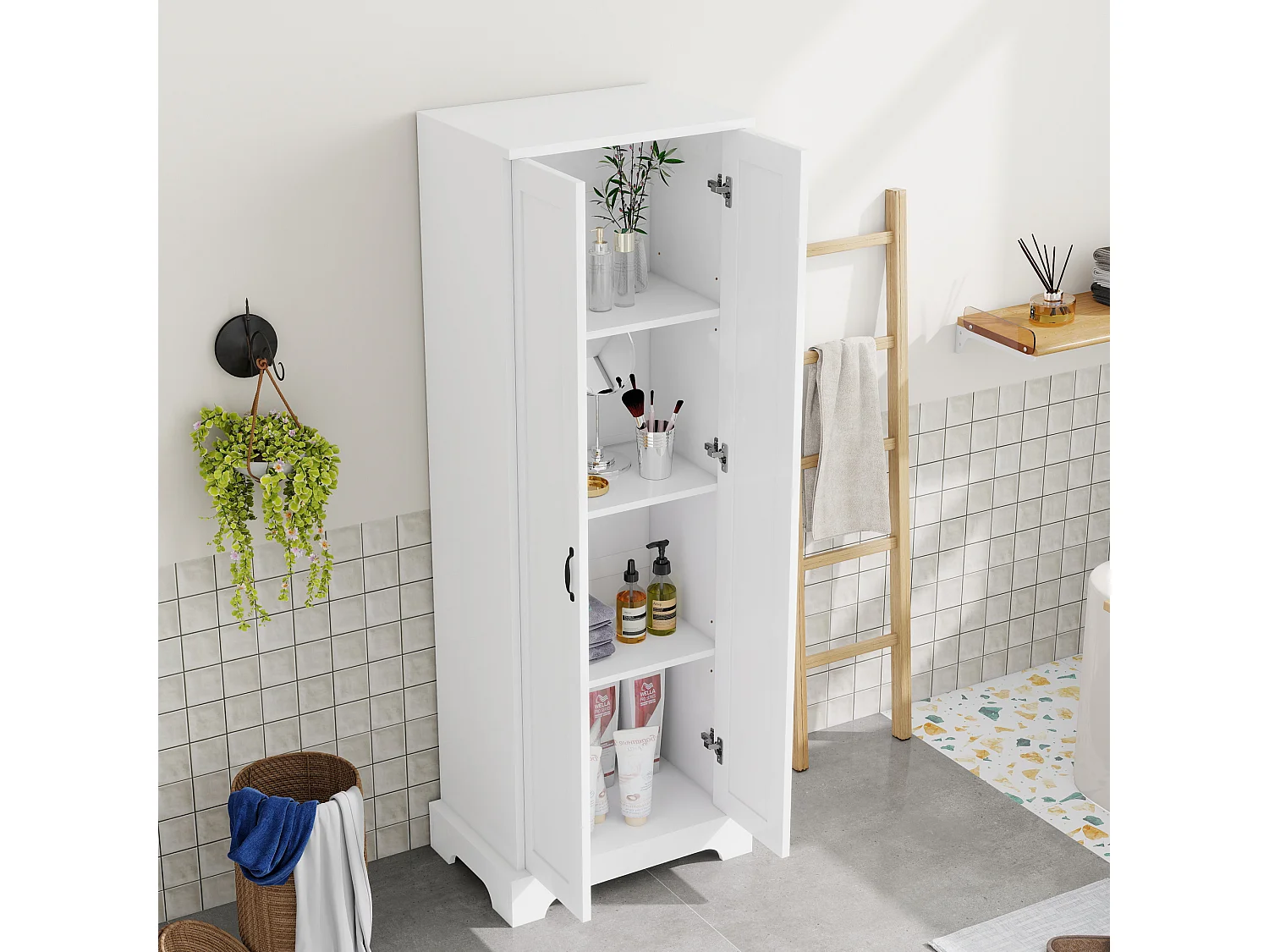 Badezimmerschrank – 56 x 40 x 170 cm – mit 2 Türen und 4 verstellbaren Einlegeböden – MDF – weiß