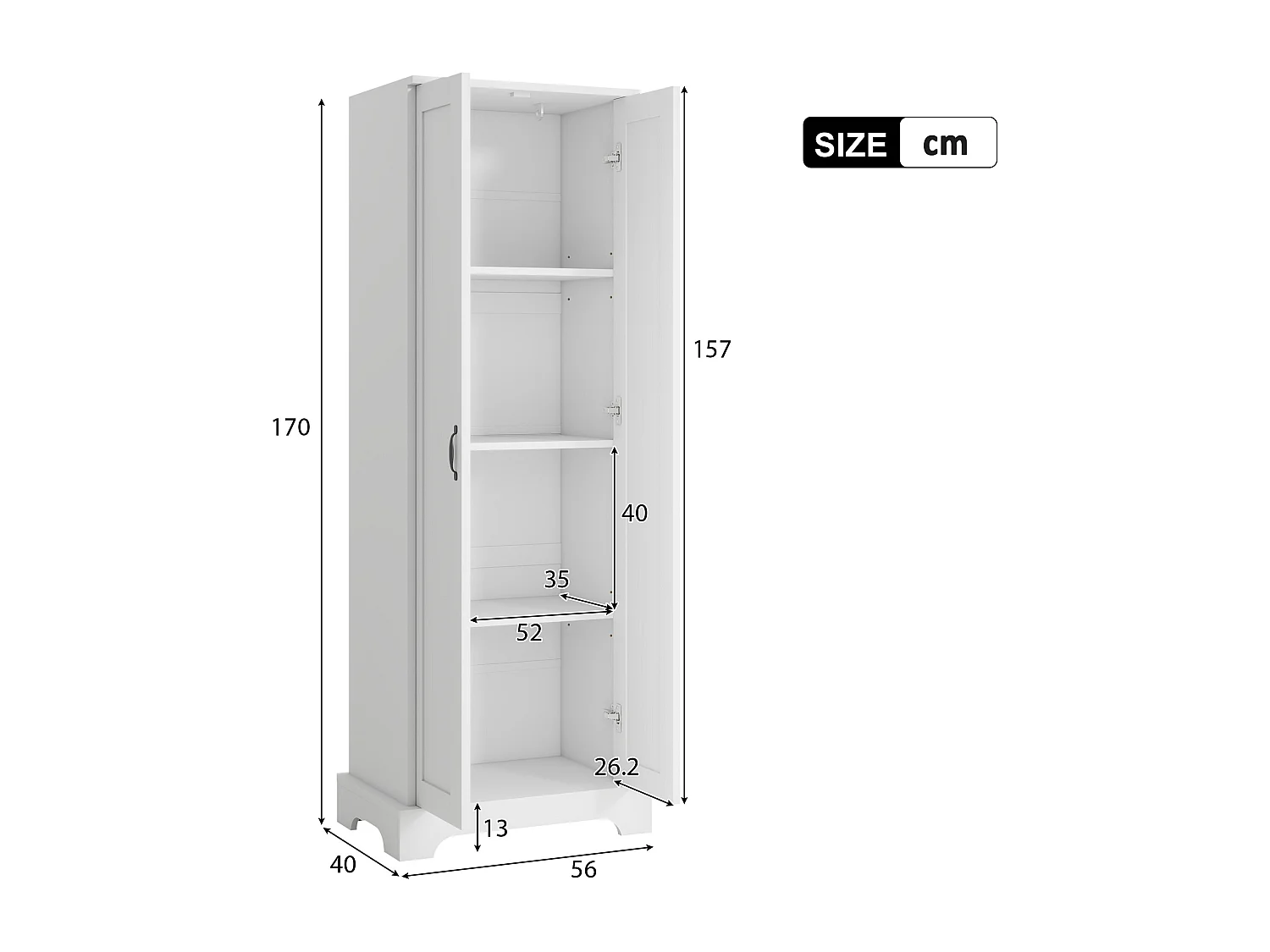Badezimmerschrank – 56 x 40 x 170 cm – mit 2 Türen und 4 verstellbaren Einlegeböden – MDF – weiß