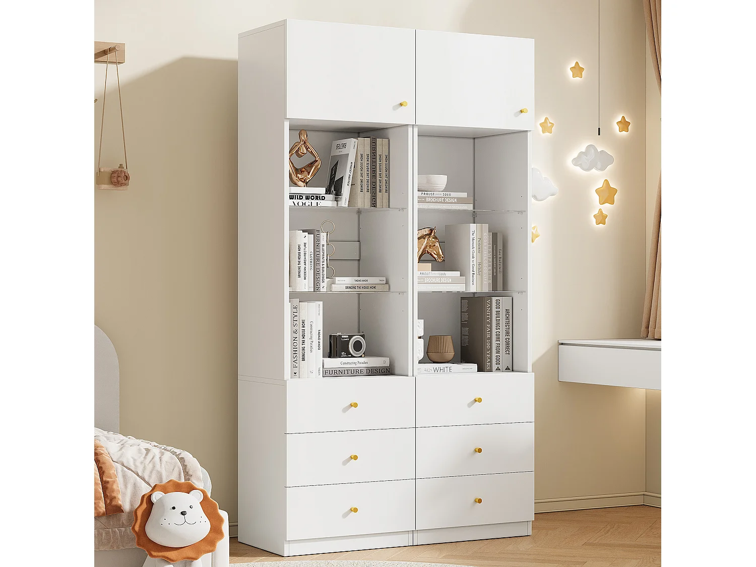 Lot de 2 Vitrine/bibliothèque - 2 x 50 x 40 x 180 cm - avec rangement ouvert + tiroirs + étagères en verre - MDF + verre - blanc