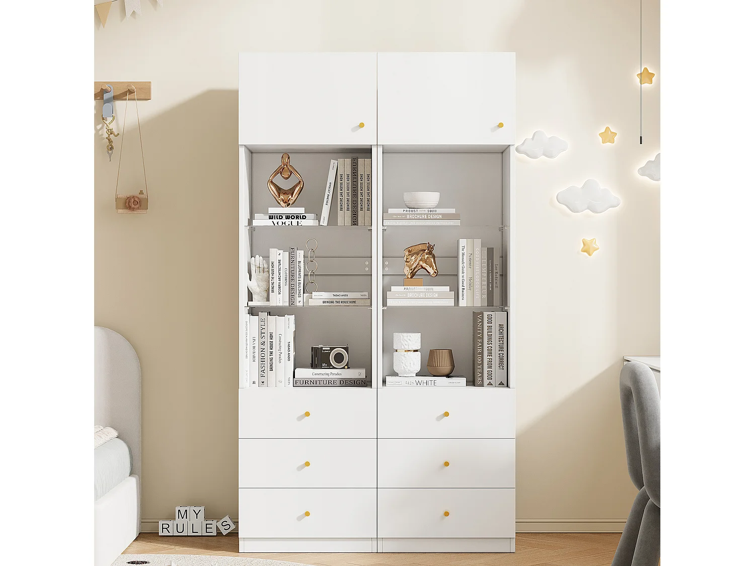 Lot de 2 Vitrine/bibliothèque - 2 x 50 x 40 x 180 cm - avec rangement ouvert + tiroirs + étagères en verre - MDF + verre - blanc