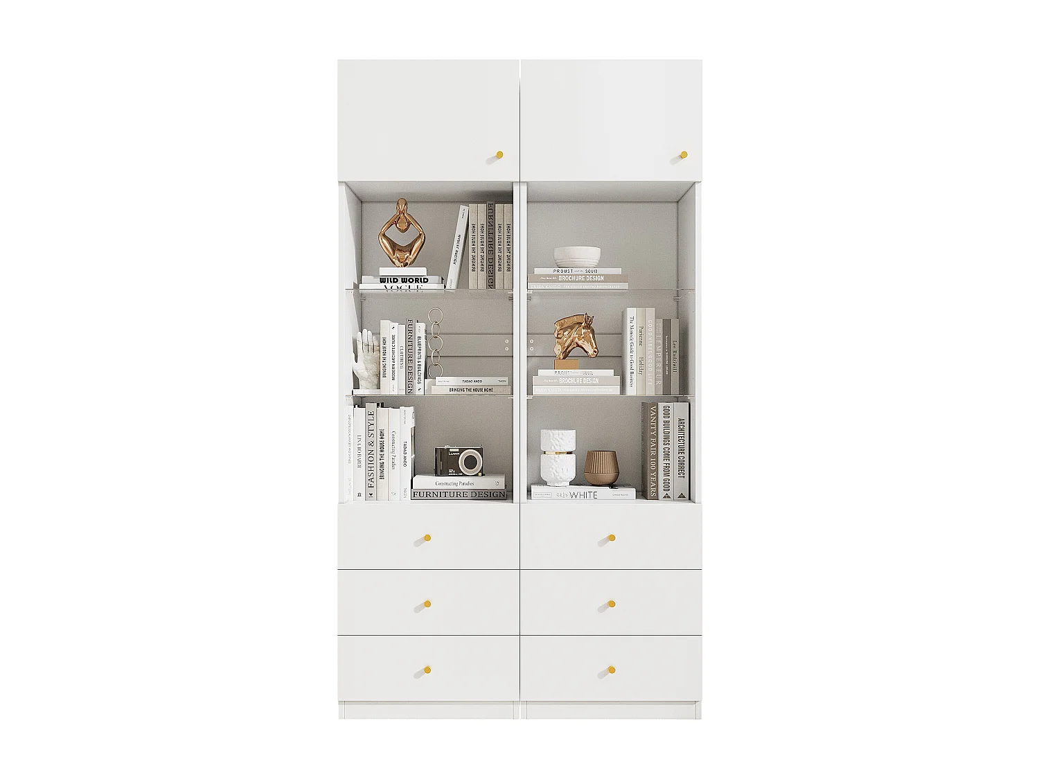 Lot de 2 Vitrine/bibliothèque - 2 x 50 x 40 x 180 cm - avec rangement ouvert + tiroirs + étagères en verre - MDF + verre - blanc