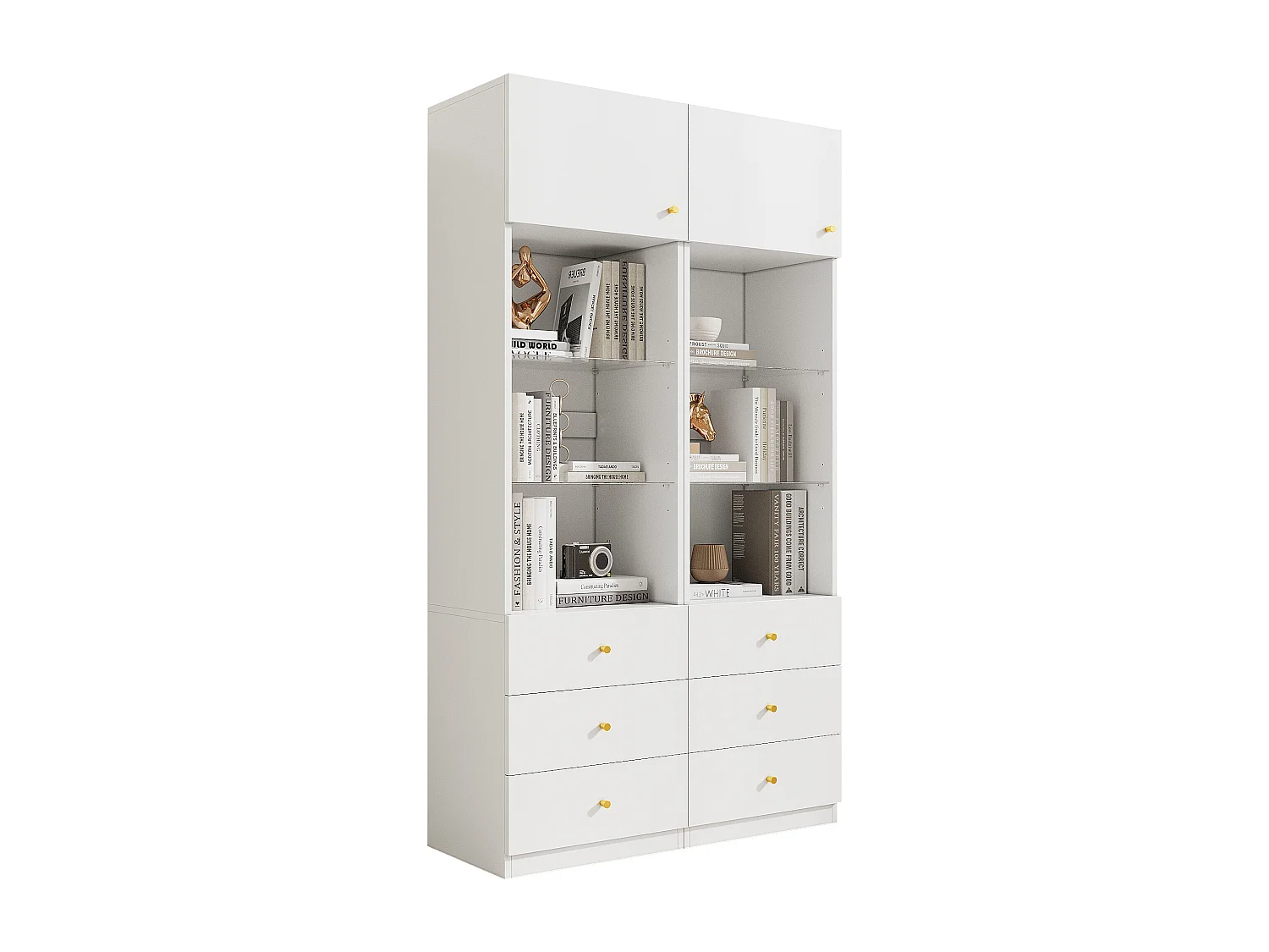 Lot de 2 Vitrine/bibliothèque - 2 x 50 x 40 x 180 cm - avec rangement ouvert + tiroirs + étagères en verre - MDF + verre - blanc