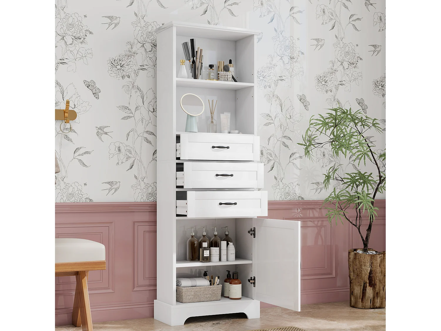 Badezimmerschrank – 56 x 25,6 x 167 cm – mit 1 Tür, 3 Schubladen und offenen Regalfächern – MDF – weiß