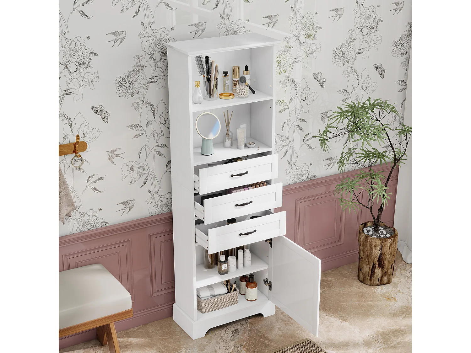 Badezimmerschrank – 56 x 25,6 x 167 cm – mit 1 Tür, 3 Schubladen und offenen Regalfächern – MDF – weiß