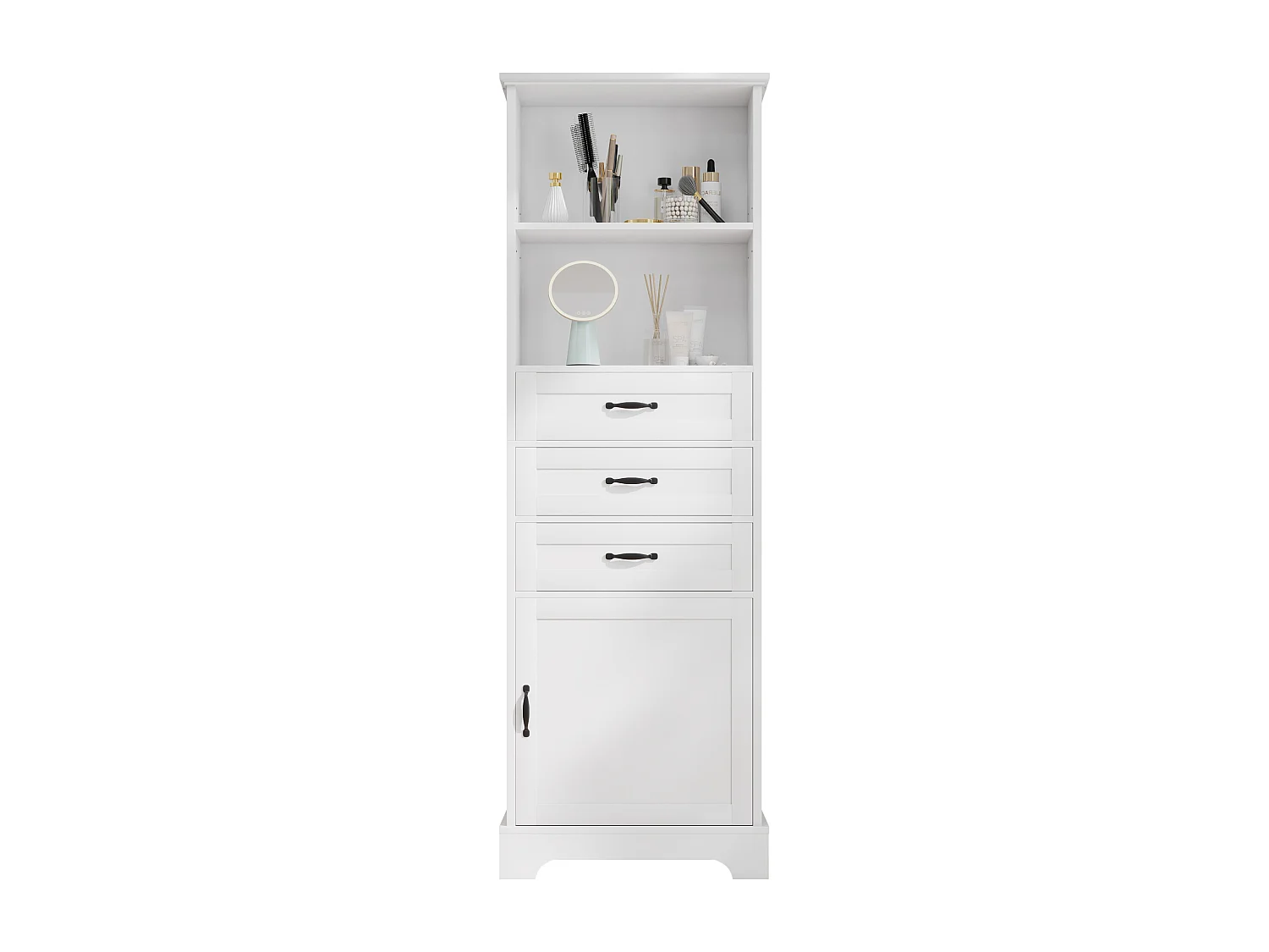 Badezimmerschrank – 56 x 25,6 x 167 cm – mit 1 Tür, 3 Schubladen und offenen Regalfächern – MDF – weiß