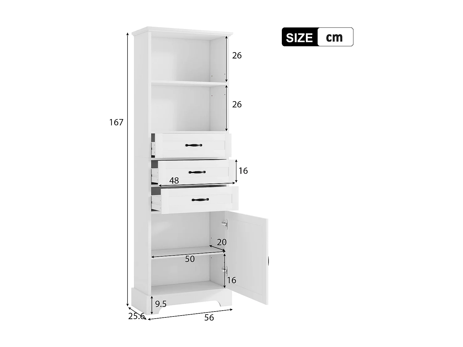 Badezimmerschrank – 56 x 25,6 x 167 cm – mit 1 Tür, 3 Schubladen und offenen Regalfächern – MDF – weiß