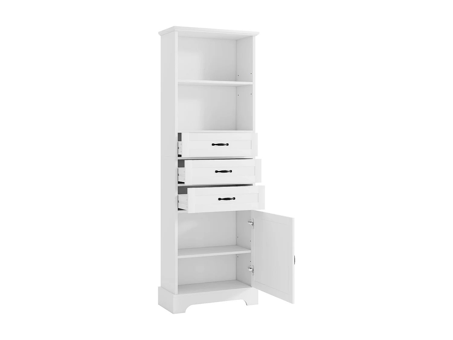 Badezimmerschrank – 56 x 25,6 x 167 cm – mit 1 Tür, 3 Schubladen und offenen Regalfächern – MDF – weiß