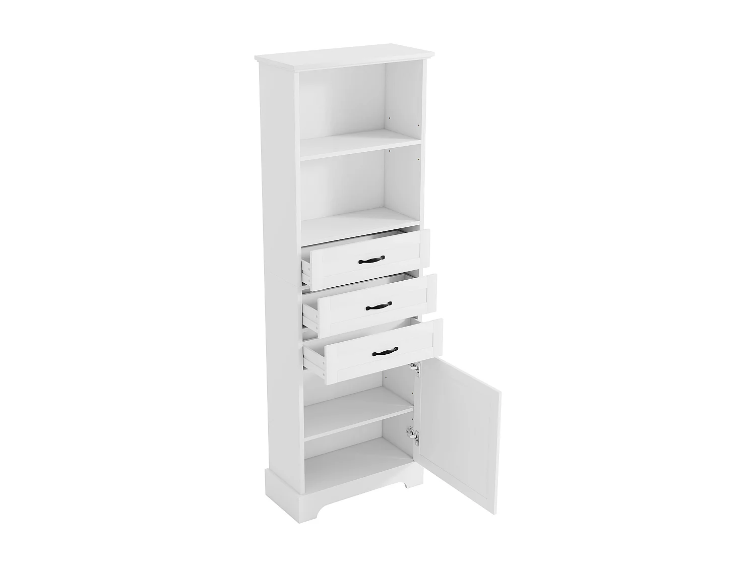 Badezimmerschrank – 56 x 25,6 x 167 cm – mit 1 Tür, 3 Schubladen und offenen Regalfächern – MDF – weiß