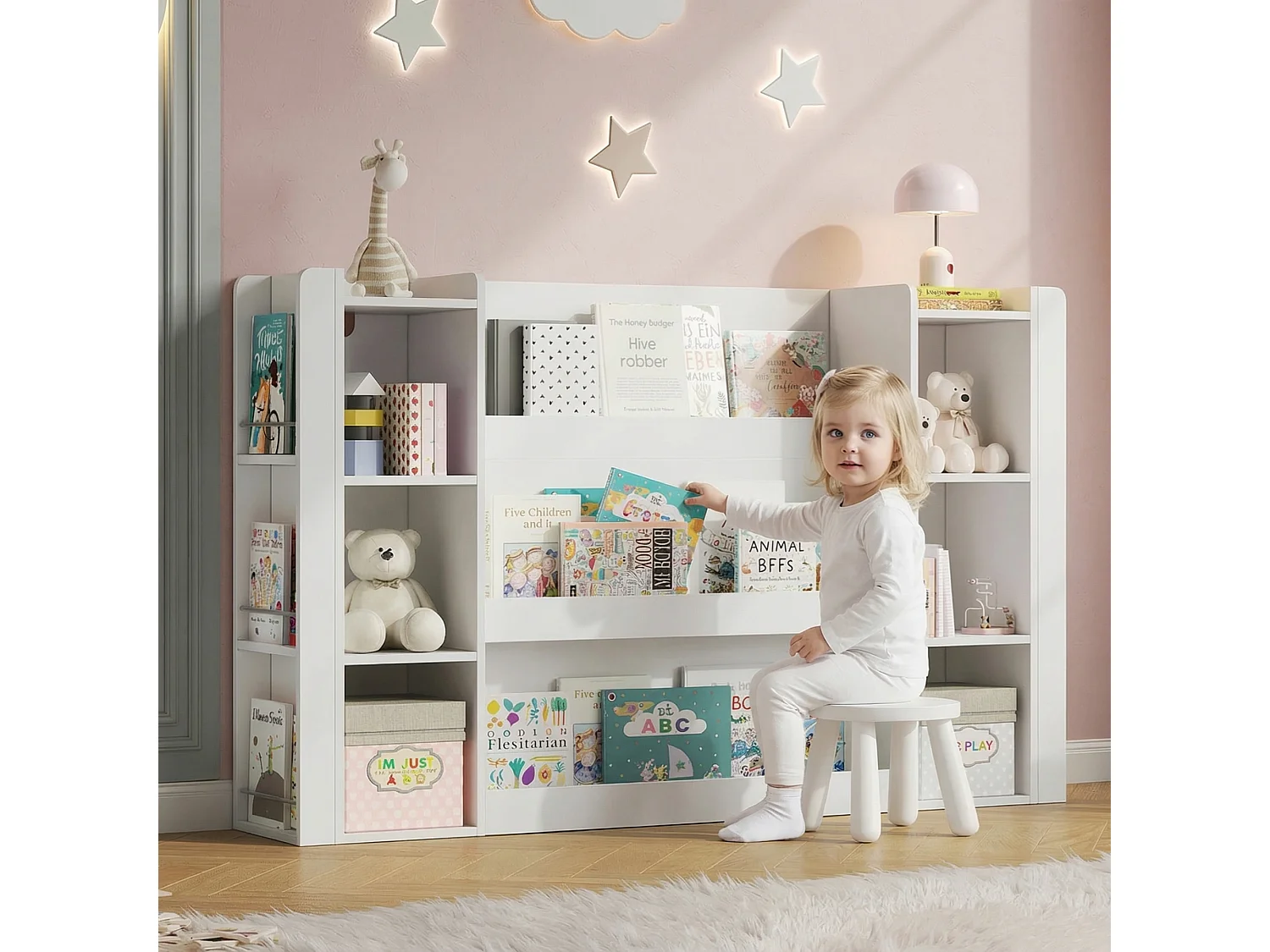 Kinderregal mit Stauraum - 140x30x95 cm - Mehrere Regale - Kinder-Schrank/Bücherregal - MDF - Weiß