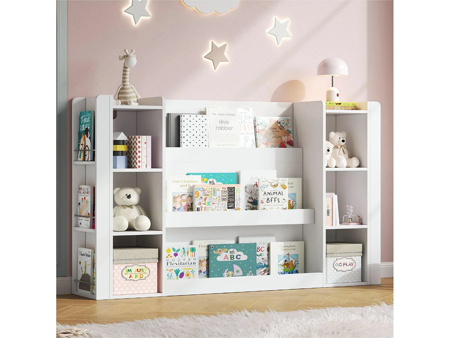 Kinderregal mit Stauraum - 140x30x95 cm - Mehrere Regale - Kinder-Schrank/Bücherregal - MDF - Weiß