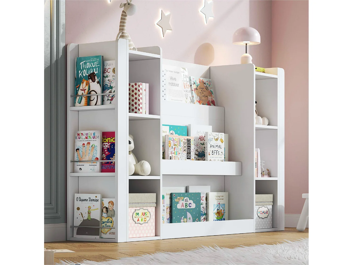 Kinderregal mit Stauraum - 140x30x95 cm - Mehrere Regale - Kinder-Schrank/Bücherregal - MDF - Weiß