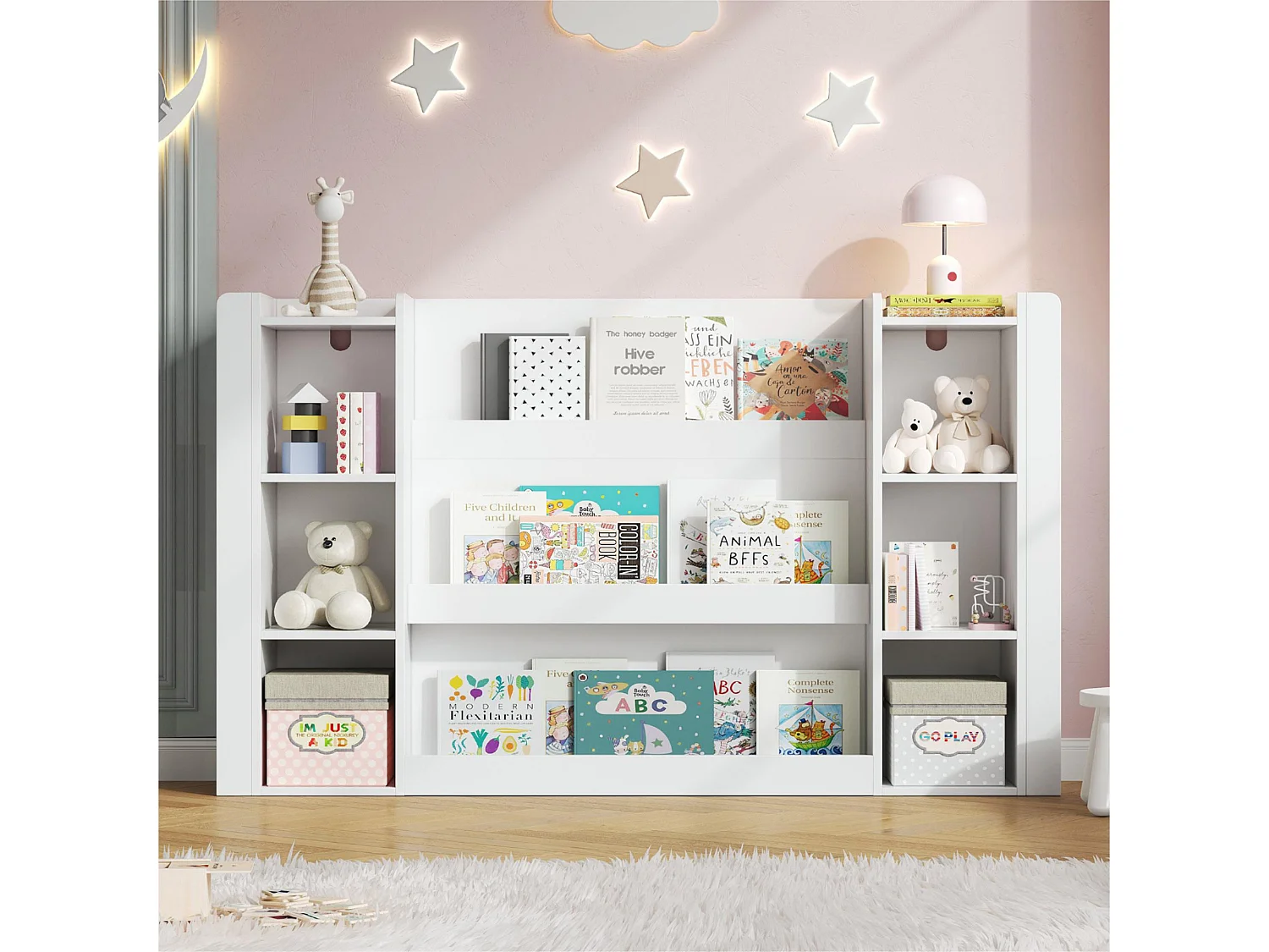 Kinderregal mit Stauraum - 140x30x95 cm - Mehrere Regale - Kinder-Schrank/Bücherregal - MDF - Weiß