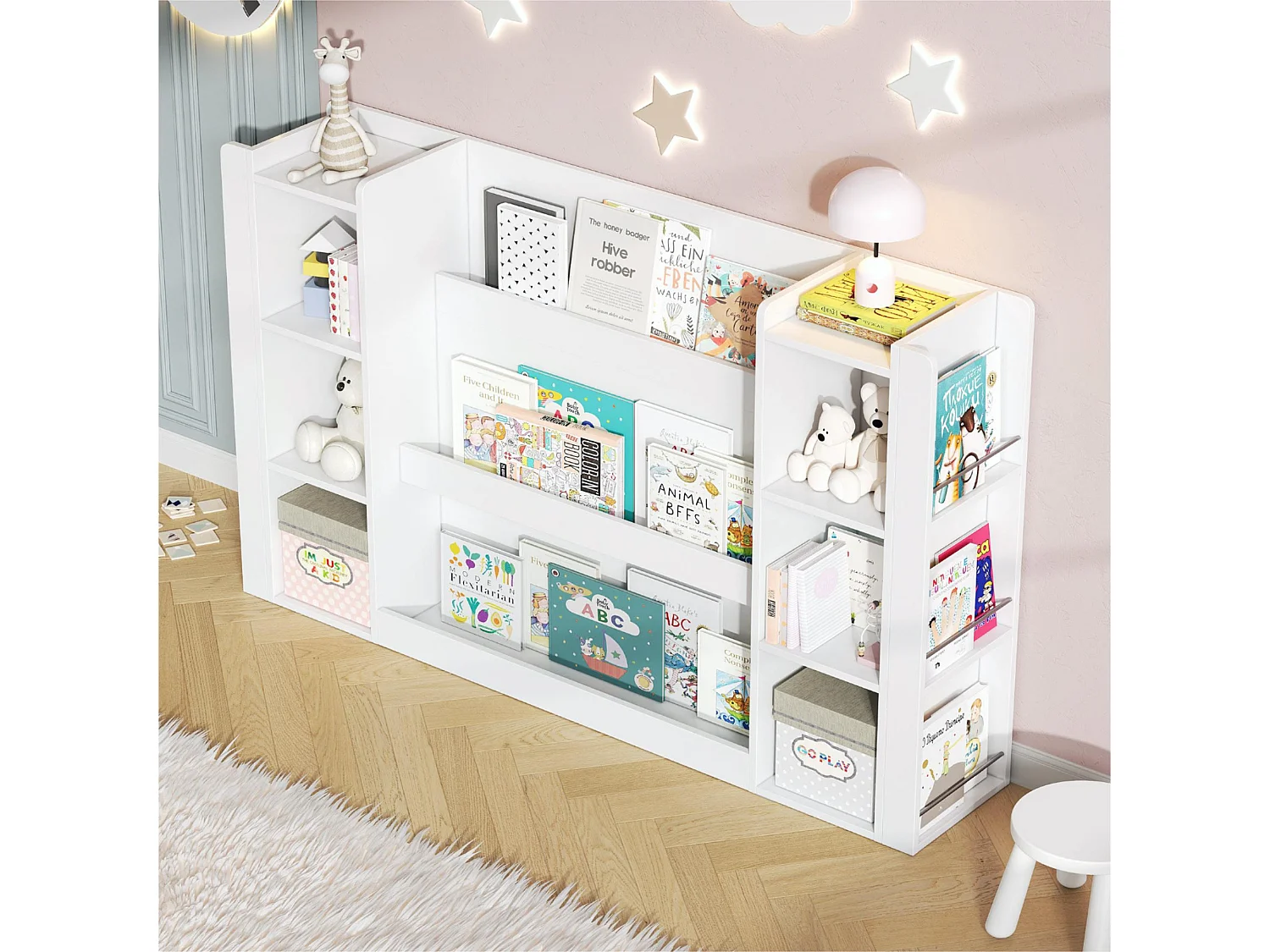 Kinderregal mit Stauraum - 140x30x95 cm - Mehrere Regale - Kinder-Schrank/Bücherregal - MDF - Weiß