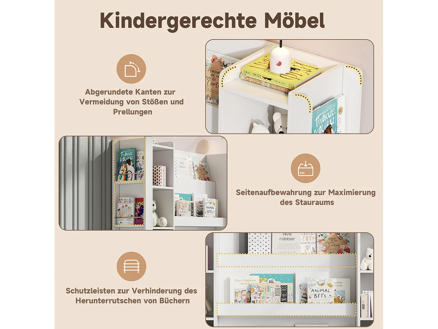 Kinderregal mit Stauraum - 140x30x95 cm - Mehrere Regale - Kinder-Schrank/Bücherregal - MDF - Weiß