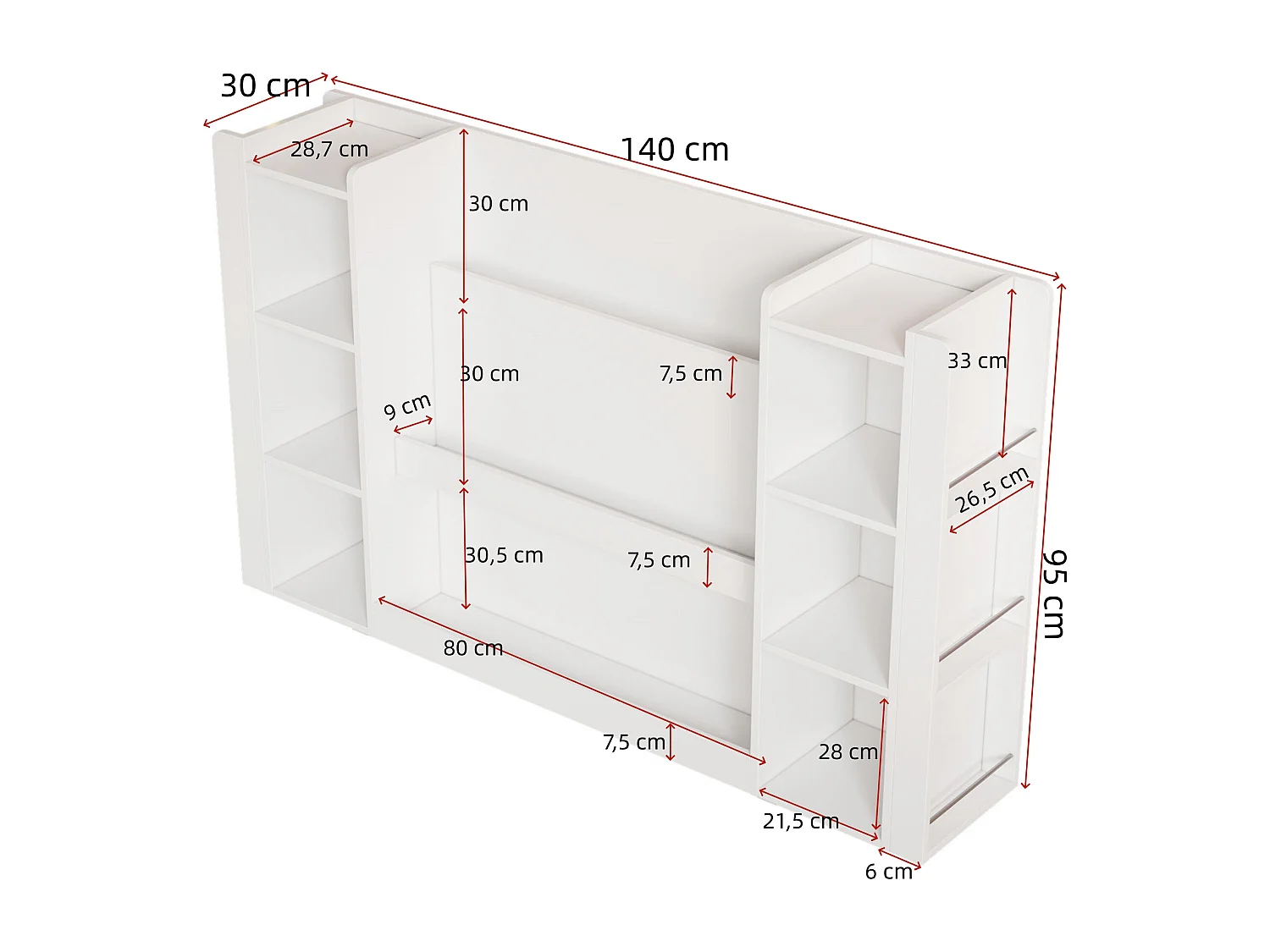 Kinderregal mit Stauraum - 140x30x95 cm - Mehrere Regale - Kinder-Schrank/Bücherregal - MDF - Weiß
