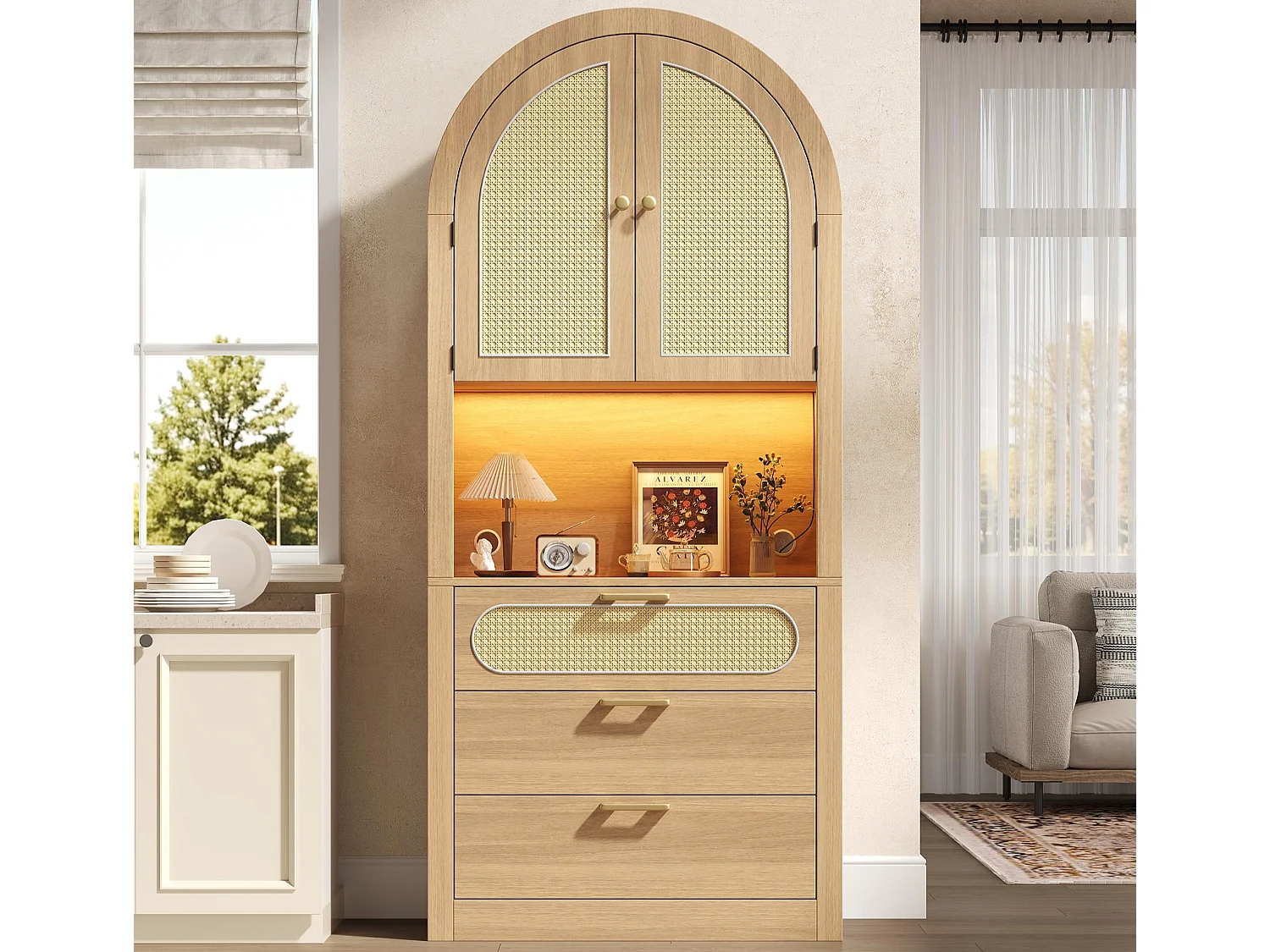 Moderne Vitrinen/Staufächer 80x35x180 cm - mit einstellbarer LED-Beleuchtung - mit 3 Schubladen und 2 Türen - Rattantüren - Helleiche