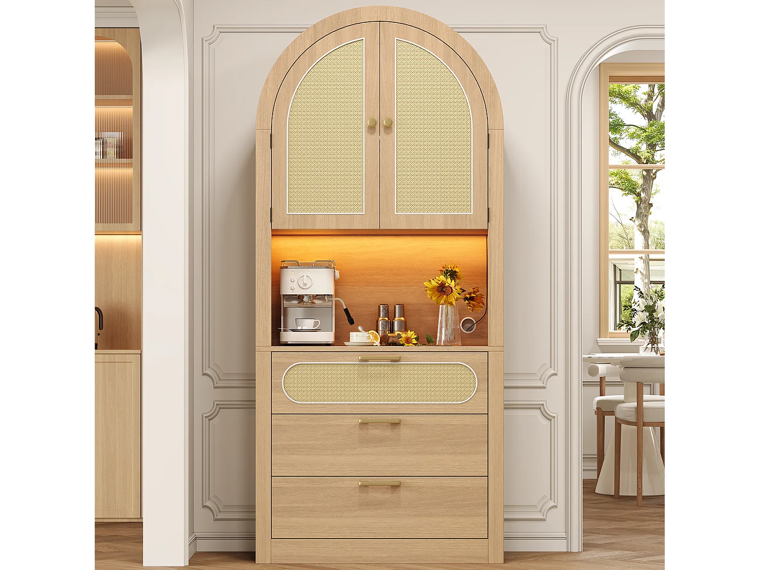 Moderne Vitrinen/Staufächer 80x35x180 cm - mit einstellbarer LED-Beleuchtung - mit 3 Schubladen und 2 Türen - Rattantüren - Helleiche