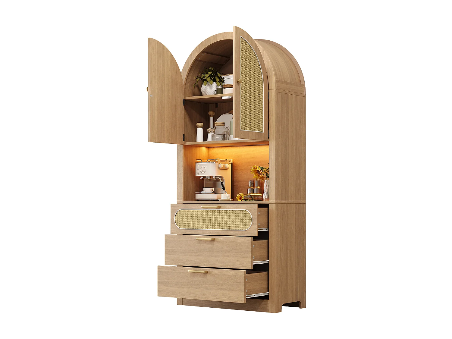 Moderne Vitrinen/Staufächer 80x35x180 cm - mit einstellbarer LED-Beleuchtung - mit 3 Schubladen und 2 Türen - Rattantüren - Helleiche