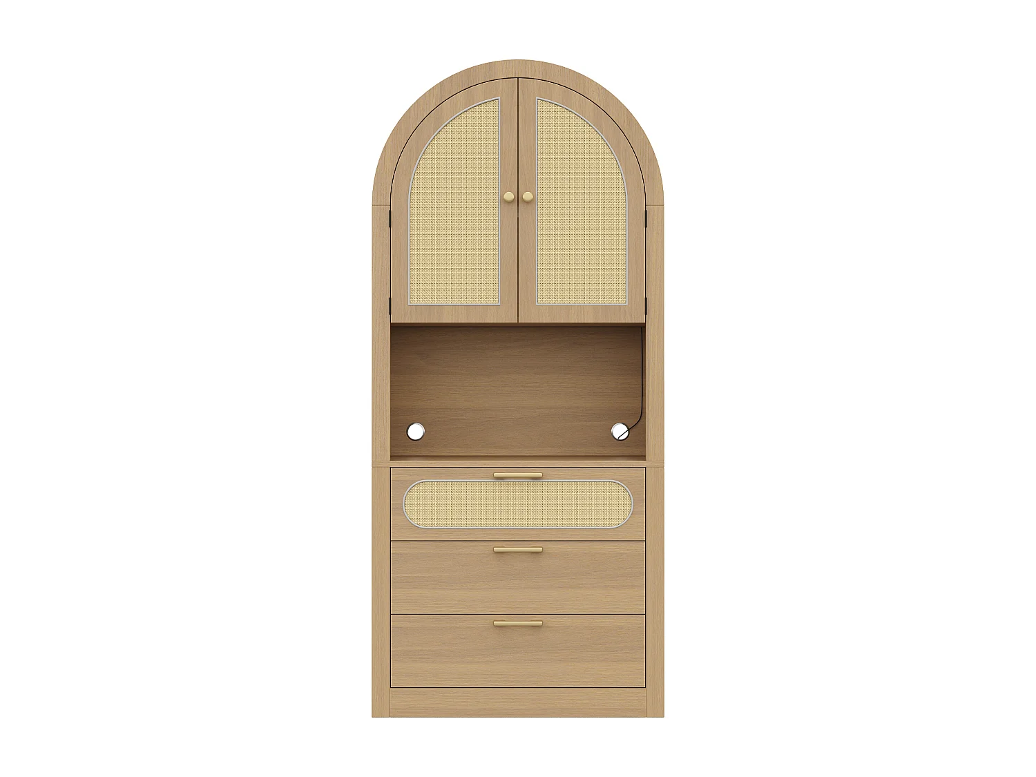 Moderne Vitrinen/Staufächer 80x35x180 cm - mit einstellbarer LED-Beleuchtung - mit 3 Schubladen und 2 Türen - Rattantüren - Helleiche