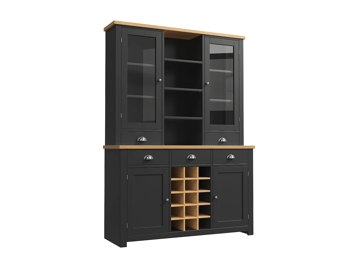 Buffet haut de cuisine - 120 x 40 x 185 cm - avec 5 tiroirs + 4 portes + étagères + casier à vin - MDF - noir