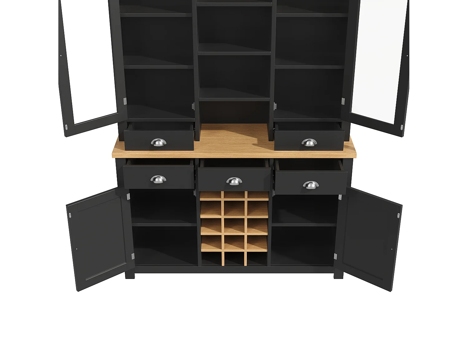 Buffet haut de cuisine - 120 x 40 x 185 cm - avec 5 tiroirs + 4 portes + étagères + casier à vin - MDF - noir