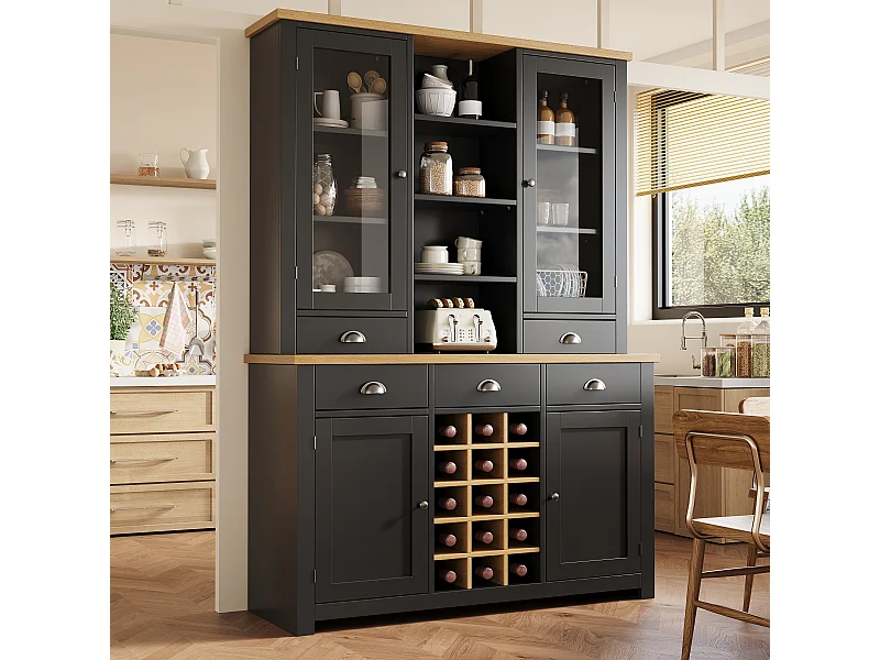 Aparador alto de cozinha - 120 x 40 x 185 cm - com 5 gavetas + 4 portas + prateleiras + adega - MDF - preto