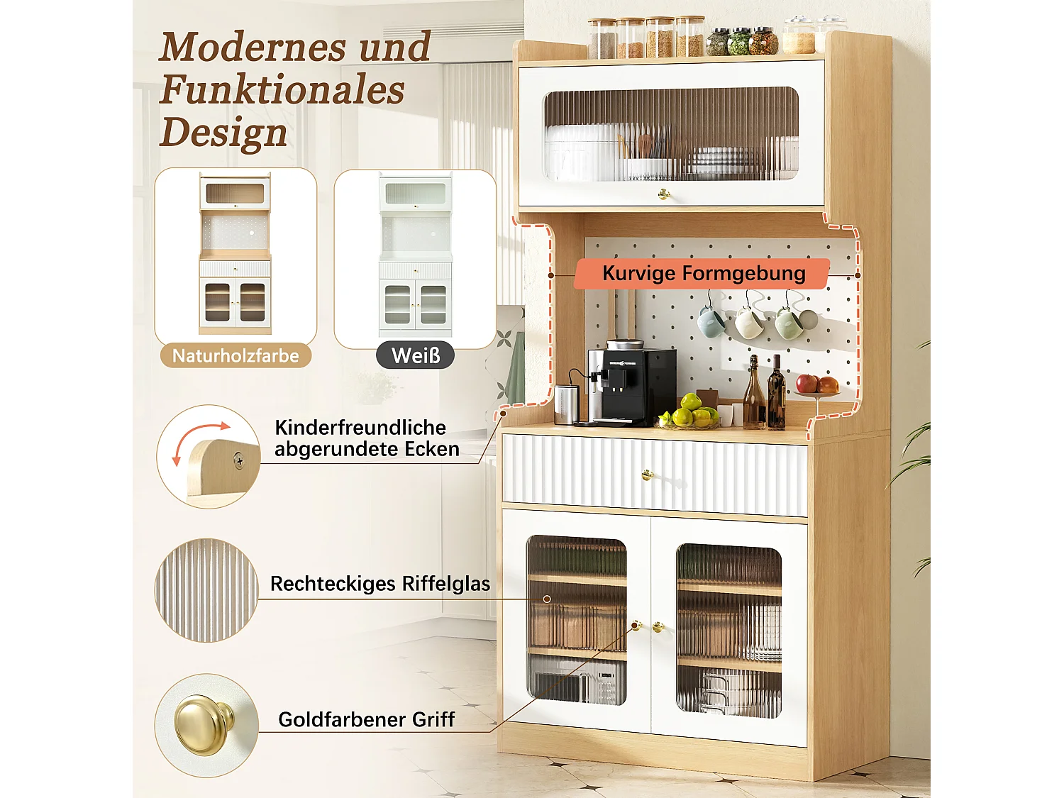 Buffet de cuisine moderne 80x40x180cm - avec éclairage LED - avec étagères et tiroirs réglables - 3 portes vitrées - Blanc + Naturel